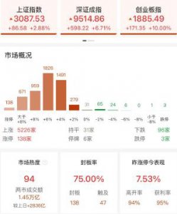 ​收评：创业板指收涨10%创单日涨幅记录 成交额近4400亿创历史天量